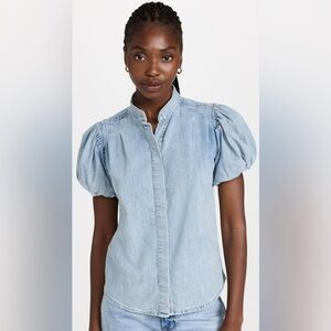 FRAME Pleated Puff Sleeve Top in Cresthaven